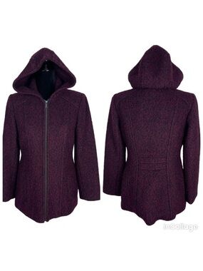 ✅ Anne Klein red/maroon marbled hooded full zipper wool coat size S
